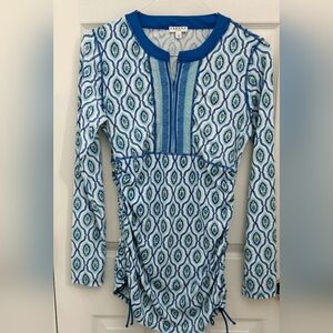 Cabana Life Women’s Swim SPF Top Sz Large Blue Green Ruched Long Sleeve Sunblock